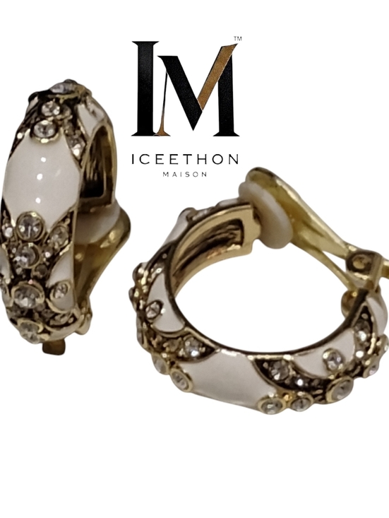 Heidi Daus Jewelry - [Black Label] Gold-Tone White Enamel Crystal Hoop Clip On Earrings